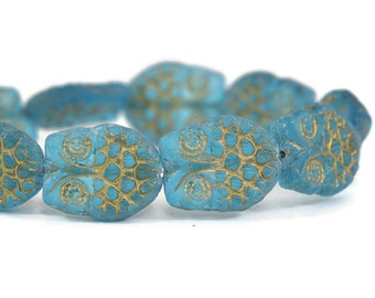 Czech Glass Horned Owl Beads - Bird Beads - Aqua Blue Transparent Matte with Gold Wash - 18x15mm - 10 Beads