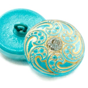 Czech Glass 18mm Round Jewel Spiral Button - Aqua Blue with Gold Wash