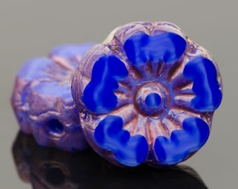 Czech Glass Hibiscus Flower Beads - Dark Blue Silk with Bronze Finish - 10mm - 6 or 12 beads