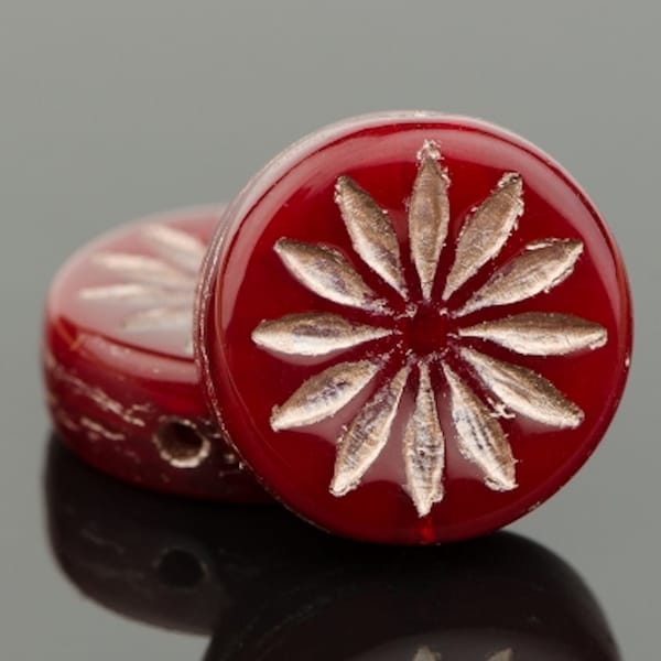 Czech Glass Aster Flower Coin Beads - Red Opaline with Platinum Wash - 12mm - 5 or 15 Beads