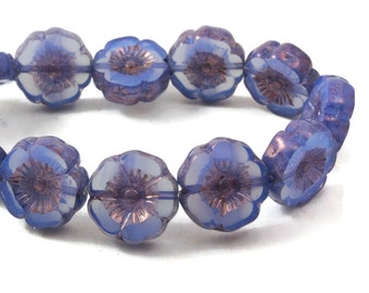 Czech Glass Hibiscus Flower Beads - Sapphire Blue Opaline with Purple Bronze Finish - 12mm - 6 or 12 Beads