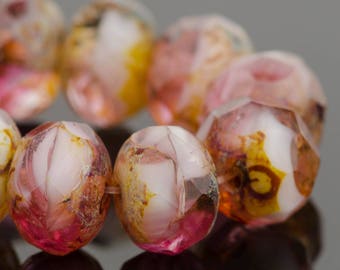 Czech Glass Rondelle Beads - Fuchsia, Pink Transparent, and White Opaque Mix with Picasso Finish - 9x6mm - 25 Beads