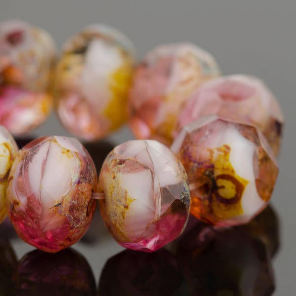 Perles rondelles de verre tchèques - Fuchsia, transparent rose et blanc opaque mélange avec finition Picasso - 9x6mm - 25 perles