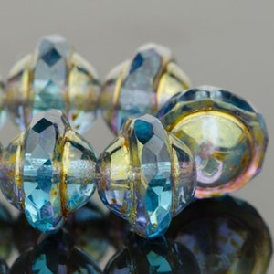 Saturn Beads - Saucer Beads - Czech Glass Beads - Aqua Blue Transparent with Antique Bronze Finish - 8x10mm - 10 Beads