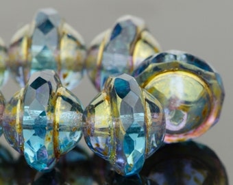 Saturn Beads - Saucer Beads - Czech Glass Beads - Aqua Blue Transparent with Antique Bronze Finish - 8x10mm - 10 Beads