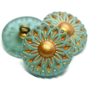 Czech Glass 18mm Round Collarette Flower Button - Matte Tea Green with Gold Accents