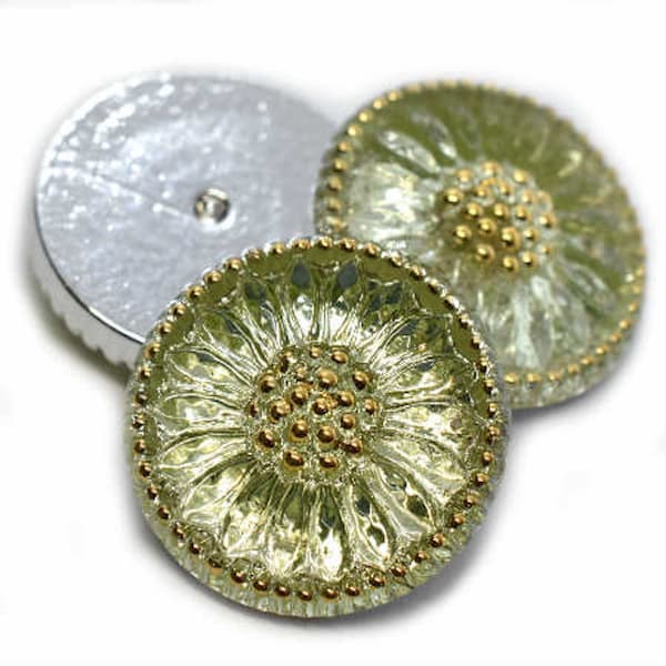 Czech Glass 18mm Sunflower CABOCHON - Daisy Flower - Transparent Light Kelly Green (Chartreuse) with Gold Accents - Button WITHOUT Shank