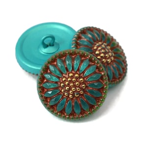 Czech Glass 18mm Round Sunflower Button - Daisy Flower Button - Aqua Blue Gaspeite Green Rim with Copper Wash and Platinum Paint
