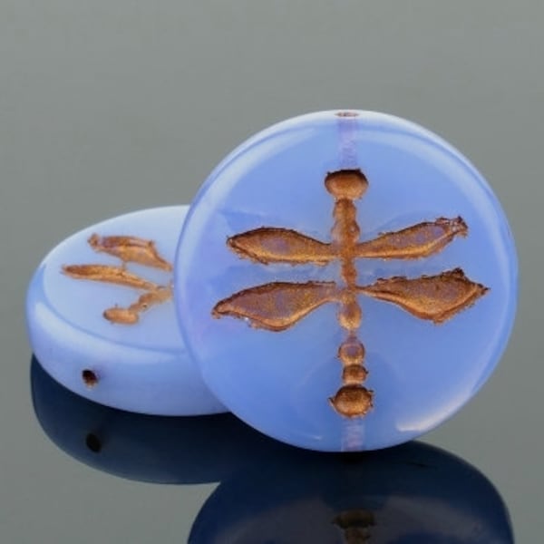 Czech Glass Pressed Coin Dragonfly Beads - Sapphire Blue Opaline with Dark Bronze Wash - 18mm - 10 Beads