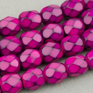 Czech Glass Beads - Round Faceted Beads - Fire Polished Beads - Fuchsia Opaque with Jet Honeycomb Finish - 4mm - 50 Beads
