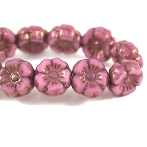 Czech Glass Hibiscus Flower Beads - Hawaiian Beads - Pink Silk with Purple Bronze Finish (Version 2) - 7mm - 12 Beads