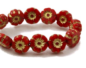 Czech Glass  Hibiscus Flower Beads - Hawaiian Flower Beads -  Red Opaline with Gold Wash - 7mm - 12 beads