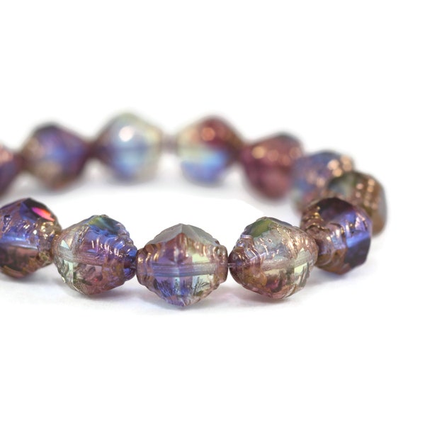 Czech Glass Faceted Bicone Beads -  Grape, Blue and Transparent Glass with Bronze Finish - 10x8mm - 5 or 15 Beads