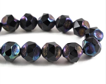 Czech Glass Baroque Central Cut Beads - Jet Black Opaque with Purple Iris Finish - 9mm - 15 Beads