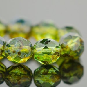Czech Glass Round Faceted Beads -  Olivine Green with Blue Picasso Finish - 8mm - 25 Beads