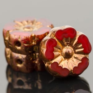 Czech Glass Flower Beads - Pansy Beads - Hawaiian Beads - Hibiscus Beads - Red Opaline with Bronze Finish - 10mm - 6 or 12 beads