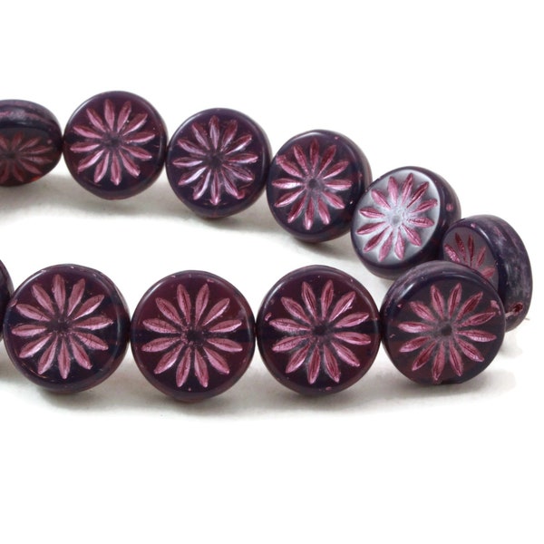 Czech Glass Aster Flower Beads - Dark Purple Opaline with Pink Wash - 12mm - 5 or 15 Beads