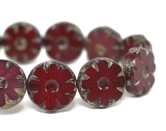 Czech Glass Beads - Czech Coin Beads - Czech Flower Beads - Red Opal Opaline with Picasso - 12mm Beads - 5 or 15 Beads