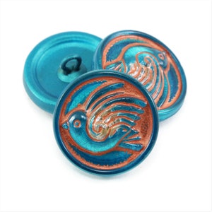 Czech Glass 18mm Round Bird Design Button - Turquoise Blue with Copper Wash - 18mm
