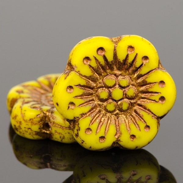 Czech Glass Wild Rose Flower Beads - Yellow Opaque with Dark Bronze Wash - 18mm - 5 or 10 Beads