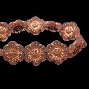 Czech Glass Wild Rose Flower Beads - Peach Pink Transparent Matte with Copper Wash - 14mm - 12 Beads