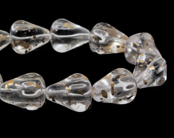 Czech Glass Old Style Drop Beads - Crystal Transparent with Antique Gold Finish - 13x12mm - 12 Beads