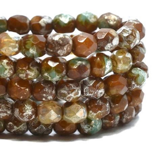Czech Glass 4mm Round Faceted Fire Polished Beads - Sea Green and Chocolate with a Picasso Finish - 4mm - 50 Beads