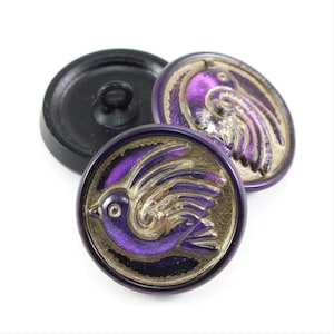 Czech Glass 18mm Round Bird Design Button - Purple with Antiqued Finish - 18mm
