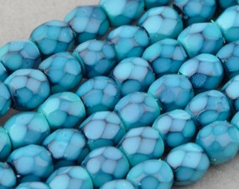 Czech Glass Faceted Round  Beads - Fire Polished Beads - Turquoise Opaque with Jet Honeycomb - 3mm - 50 Beads