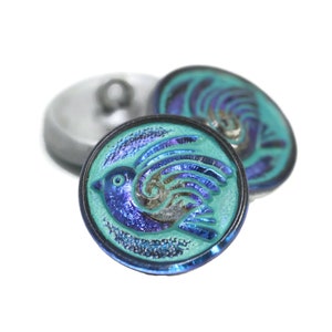 Czech Glass 18mm Round Bird Design Button - Electric Blue and Purple with Turquoise Wash