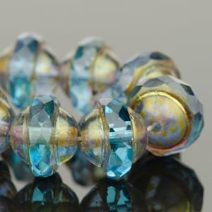 Saturn Beads - Saucer Beads - Böhmische Glasperlen - Aqua Blau Transparent mit Antik Hell Bronze - 8 x 10 mm Beads - 10 Stück