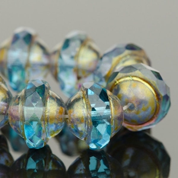 Saturn Beads - Saucer Beads - Czech Glass Beads - Aqua Blue Transparent with Antique Light Bronze - 8x10mm Beads - 10 Beads