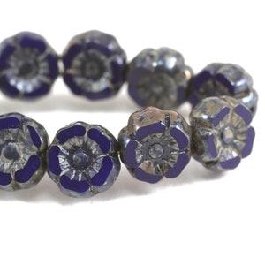 Czech Glass Hibiscus Flower Beads - Lapis Blue Opaque with Antiqued Silver Finish - 7mm - 12 Beads