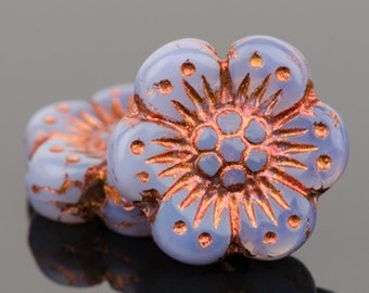 Czech Glass Wild Rose Flower Beads - Purple Opaline with Copper Wash - 14mm - 6 or 12 Beads