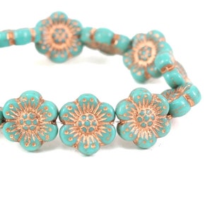 Czech Glass Wild Rose Flower Beads - Turquoise Opaque with Copper Wash (Version 2) - 14mm - 12 Beads