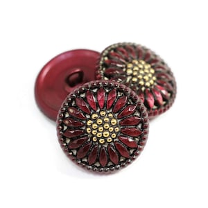 Czech Glass 18mm Round Sunflower Button - Flower Button - Deep Red with Antiqued Finish and Gold Paint Accents