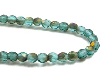 Czech Glass Faceted Round Fire Polished Beads - Aqua Blue Transparent with Celsian Finish - 4mm - 50 Beads