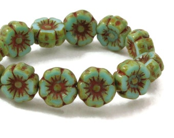 Czech Glass  Hibiscus Flower Beads - Hawaiian Flower Beads - Turquoise Silk with Picasso Finish - 7mm - 12 beads