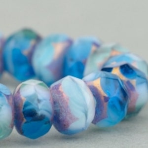 Czech Glass Beads - Czech Glass Rondelles - Aqua, Blue, and White Mix Opaque Transparent with Bronze Beads - 5x3mm - 30 Beads