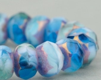 Czech Glass Beads - Czech Glass Rondelles - Aqua, Blue, and White Mix Opaque Transparent with Bronze Beads - 5x3mm - 30 Beads