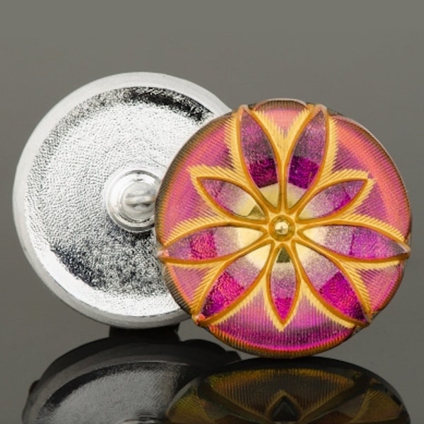 Czech Glass 36mm Round Star Flower Button - Pink Iridescent with Gold Wash and Gold Paint