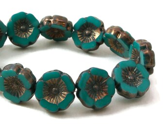 Czech Glass Hibiscus Flower Beads -  Green Turquoise Opaque with Bronze Finish - 12mm - 6 or 12 Beads