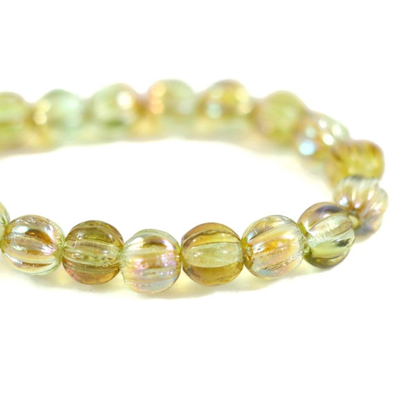 Czech Glass Melon Beads - Ridged Surface Beads - Chrysolite (Yellow-Green) with Celsian Finish - 5mm - 50 Beads