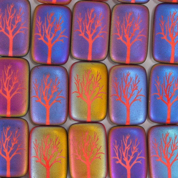 Czech Glass Two Sided Rectangle Beads - Coral Red Opaque Matte with Rainbow Finish and Laser Etched Tree Design - 19x12mm - 6 Beads