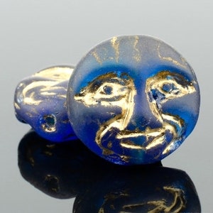 Czech Glass Moon Face Beads - Celestial Beads - Deep Blue Transparent Matte with Gold Wash - 13mm - 15 Beads