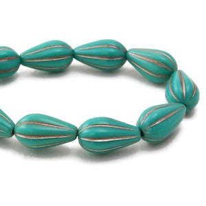 Czech Glass Tear Drop Dangle Melon Beads - Turquoise Opaque with Gold Wash - 13x8mm - 10 Beads