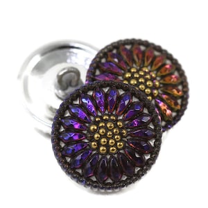 Czech Glass 18mm Round Sunflower Button - Daisy Flower Button - Purple/Blue Iridescent with Antique Finish and Gold Paint