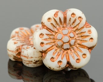 Czech Glass Wild Rose Flower Beads - Ivory Opaque with Copper Wash - 14mm - The LAST SIX Beads