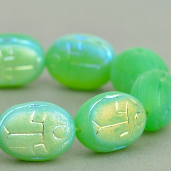 Czech Glass scarab Beads - Egyptian Scarab - Nature Beads - Green Glow Opaline Matte with AB Beads - 14x10mm - 6 or 12 Beads