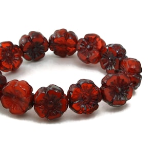 Czech Glass Hibiscus Flower Beads - Burnt Orange Opaline with Metallic Picasso Finish - 10mm - 6 or 12 Beads